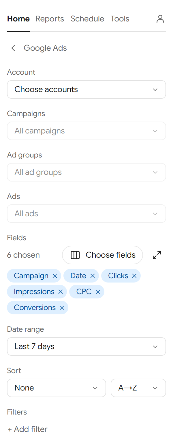 The report builder in the add-on, with Google Ads chosen and six fields picked